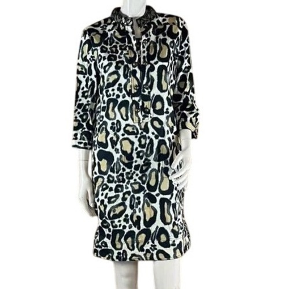 St. John SoCa Leopard Print Tunic Dress Embellished Collar Stretch Cotton Tan L